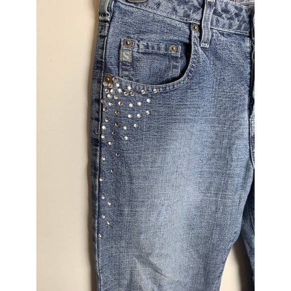 Womens Silver 30/31 Distressed Faded Button Fly Flare Blue Jeans Jewel - Picture 3 of 11